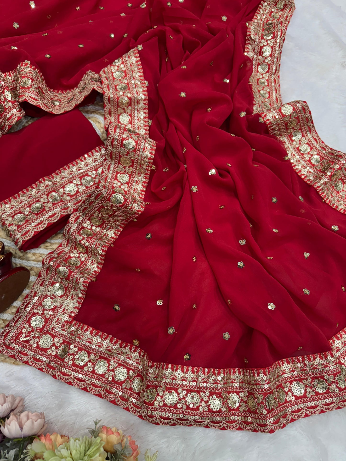 Premium Pure Georgette Saree with Sequins & Dori Embroidery Lace Border