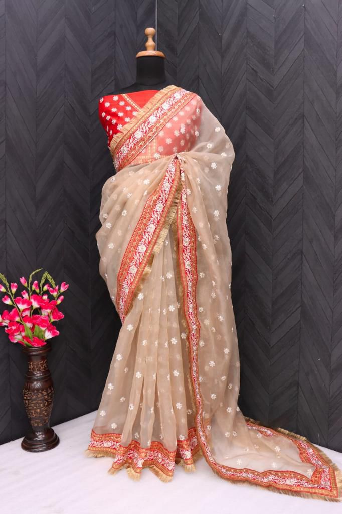 Designer Organza Silk Saree with 5mm & 7mm Embroidery Work