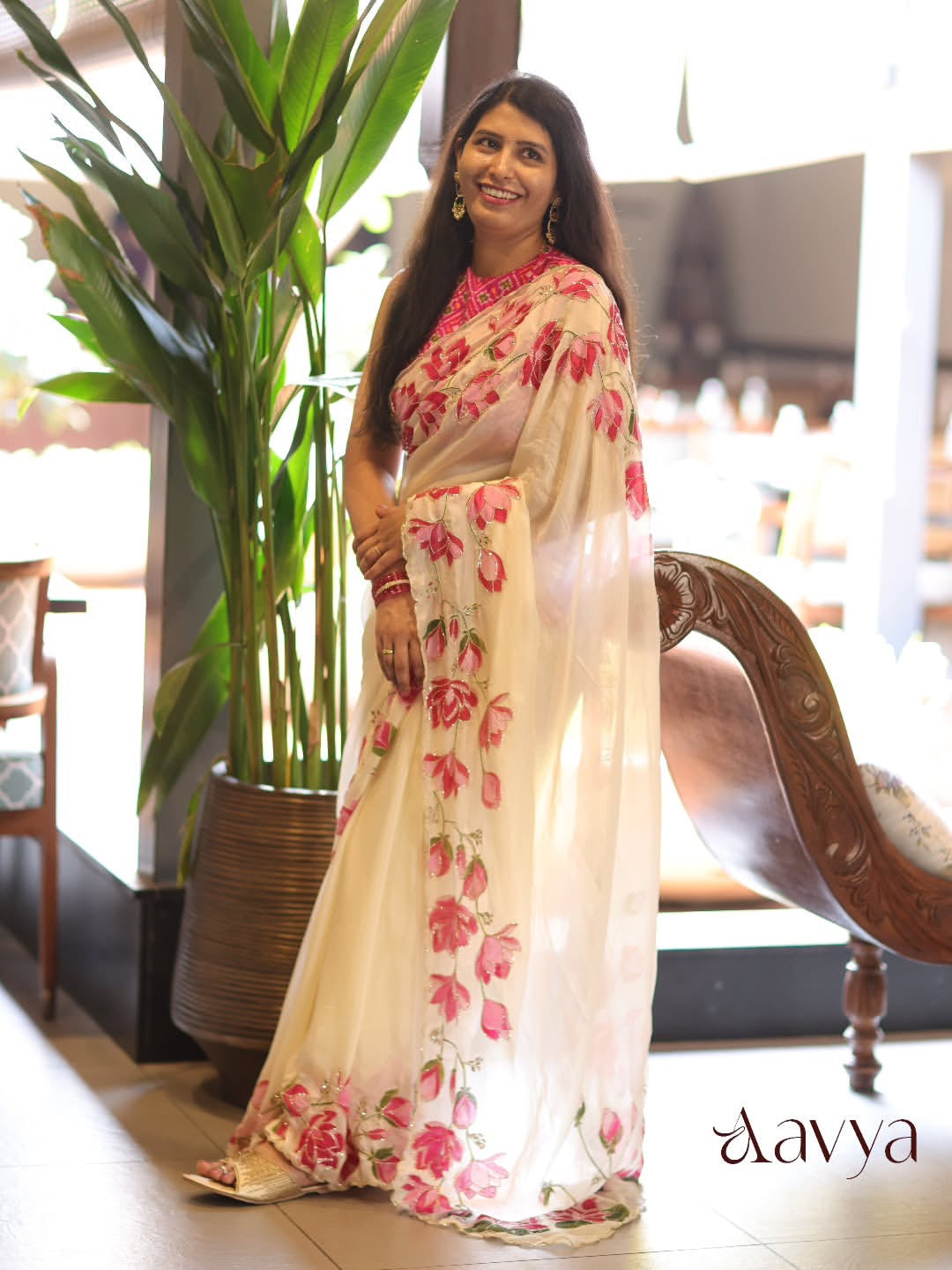 Premium Soft Tebby Silk Saree with Floral Print & Katdana Handwork