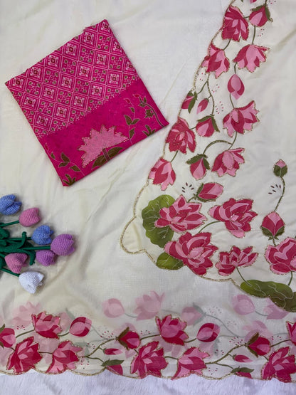 Premium Soft Tebby Silk Saree with Floral Print & Katdana Handwork