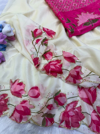 Premium Soft Tebby Silk Saree with Floral Print & Katdana Handwork