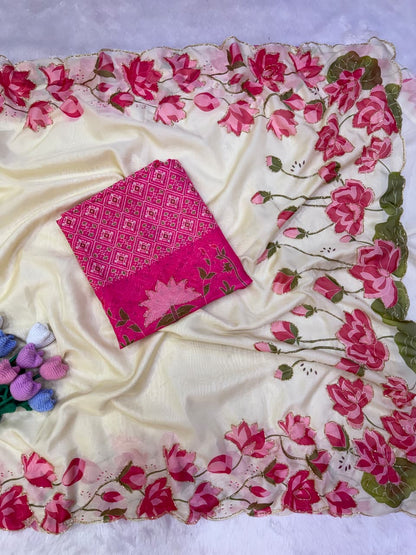 Premium Soft Tebby Silk Saree with Floral Print & Katdana Handwork