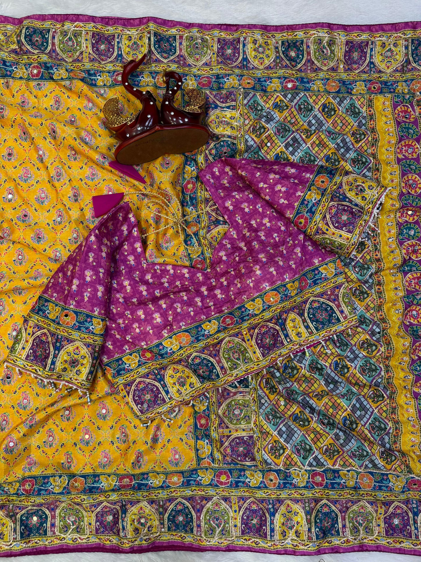 Designer Printed Chinon Saree with Diamond Handwork & Stitched Blouse