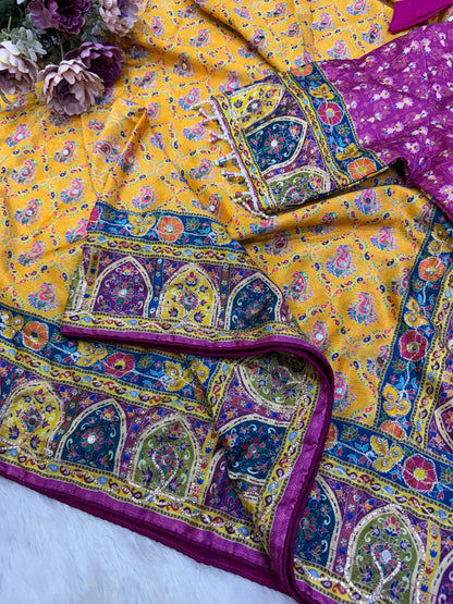 Designer Printed Chinon Saree with Diamond Handwork & Stitched Blouse