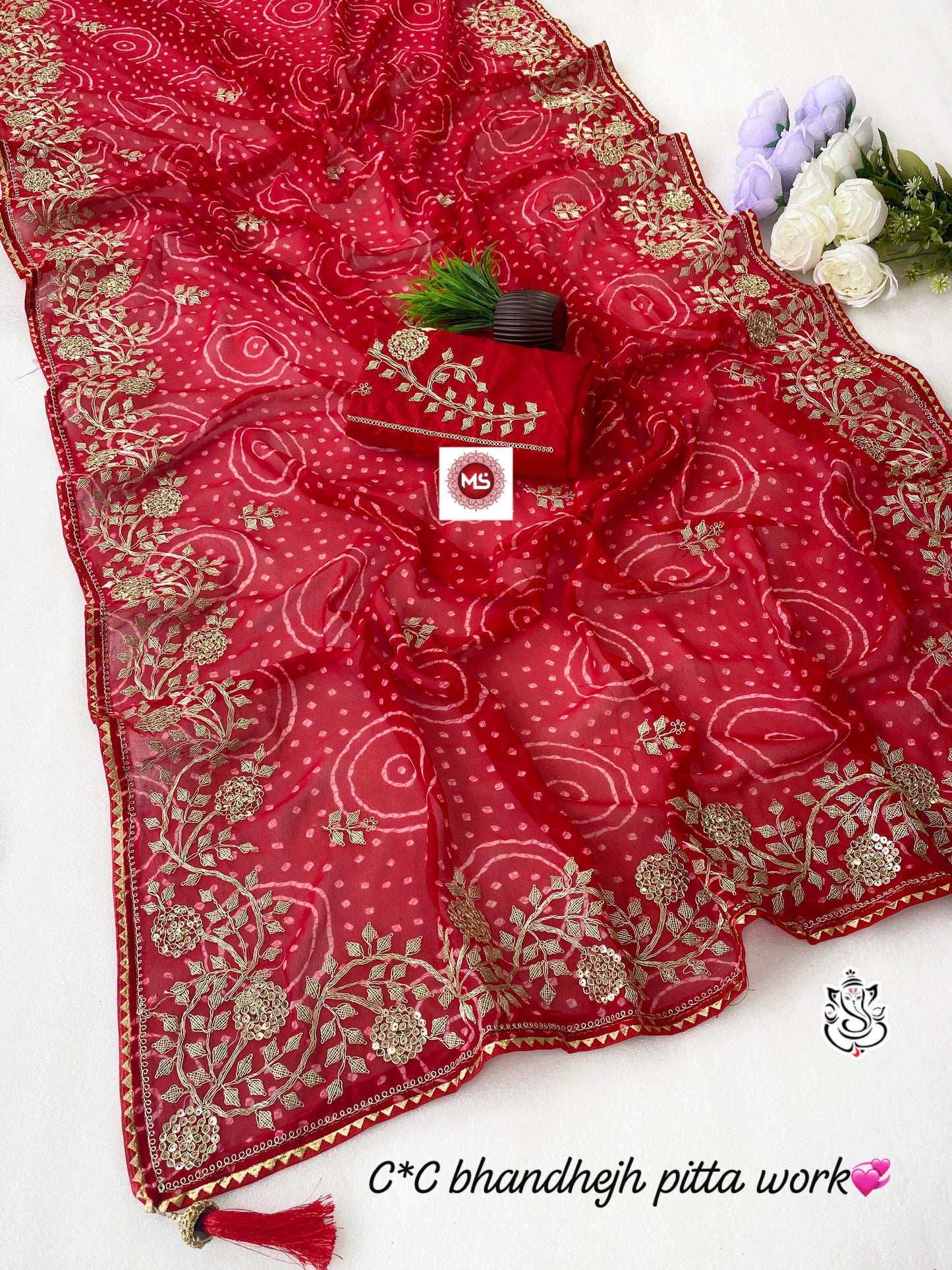 Premium C*C Bandhej Georgette Silk Saree with Original Pita Embroidery
