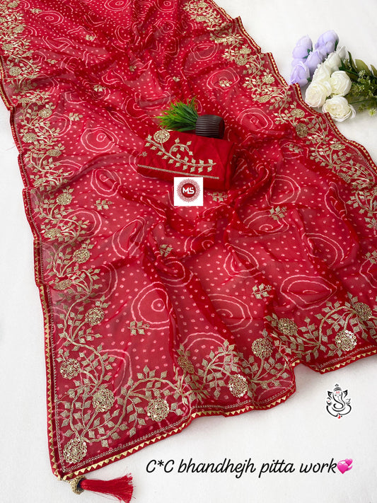 Premium C*C Bandhej Georgette Silk Saree with Original Pita Embroidery