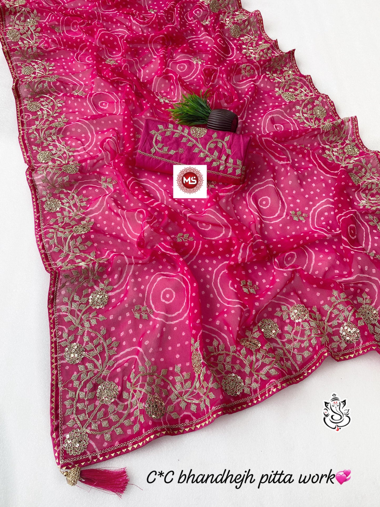 Premium C*C Bandhej Georgette Silk Saree with Original Pita Embroidery