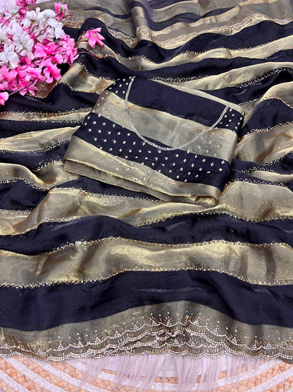 Premium Space Soft Silk Blooming Saree with Jarkan & Swarovski Work
