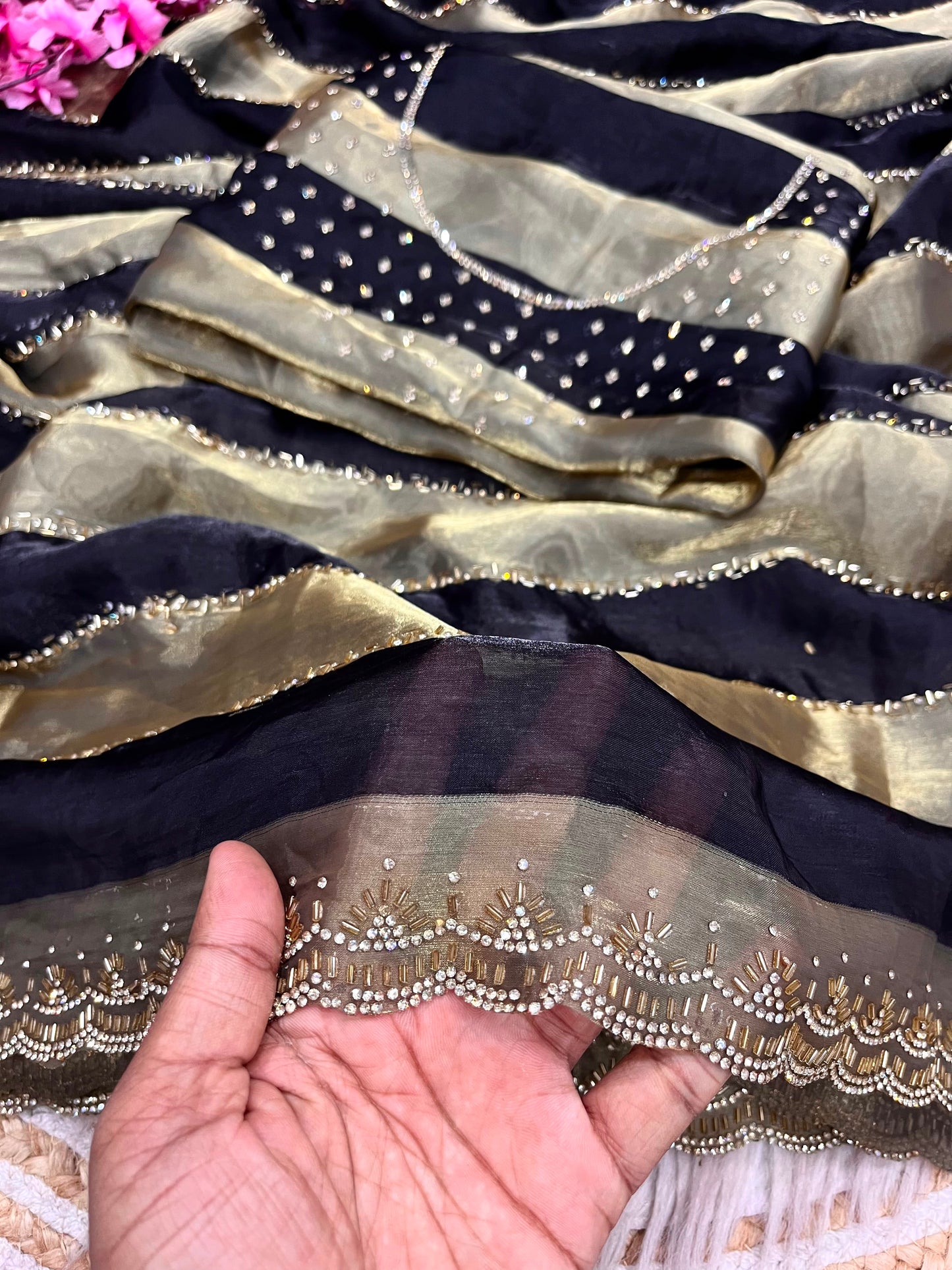 Premium Space Soft Silk Blooming Saree with Jarkan & Swarovski Work
