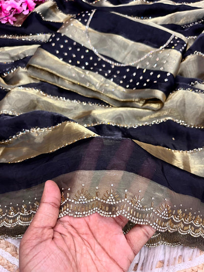 Premium Space Soft Silk Blooming Saree with Jarkan & Swarovski Work