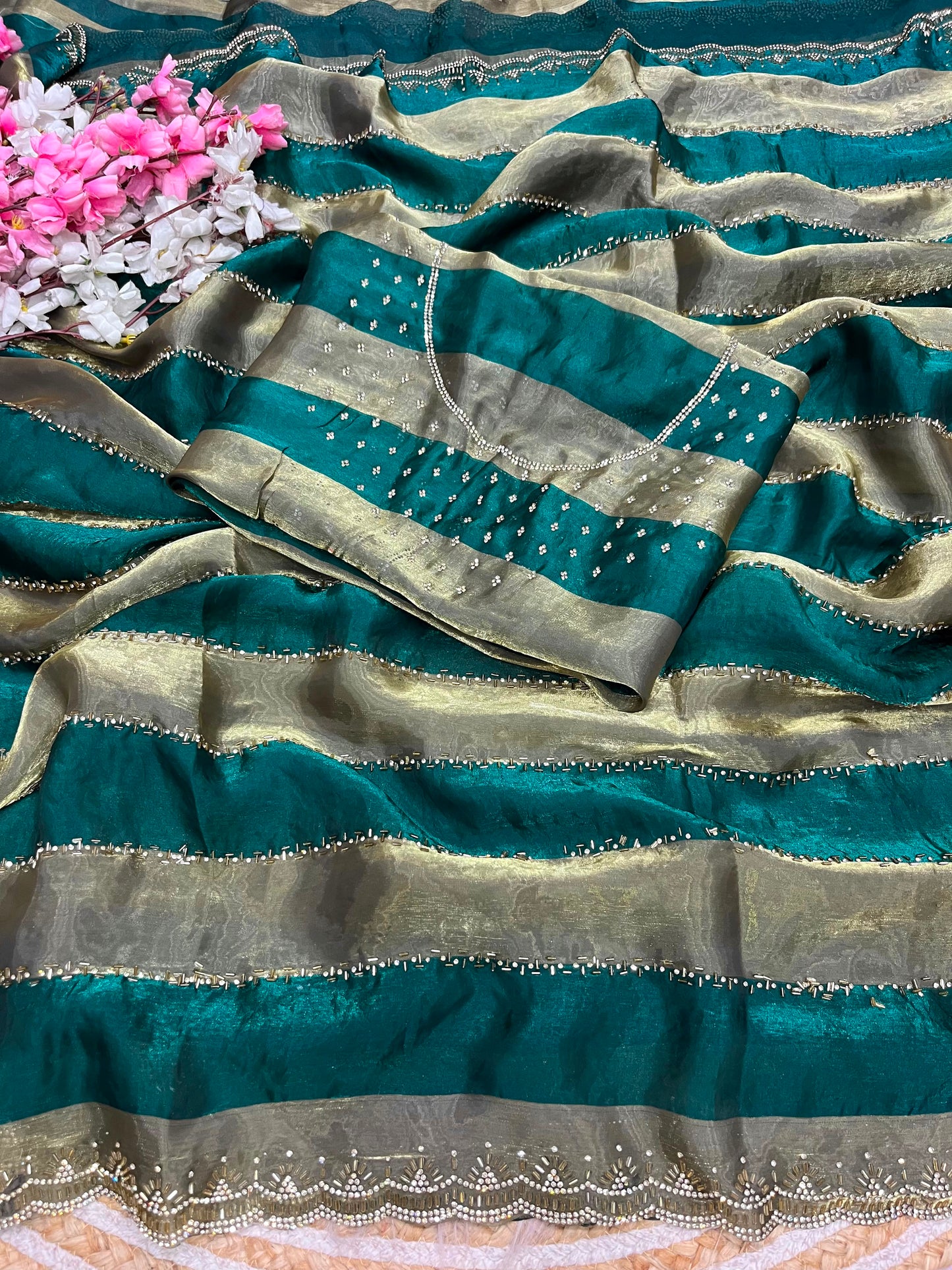 Premium Space Soft Silk Blooming Saree with Jarkan & Swarovski Work