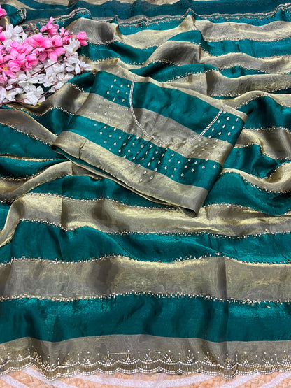 Premium Space Soft Silk Blooming Saree with Jarkan & Swarovski Work