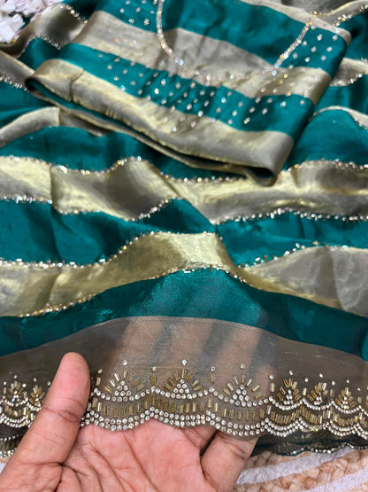 Premium Space Soft Silk Blooming Saree with Jarkan & Swarovski Work
