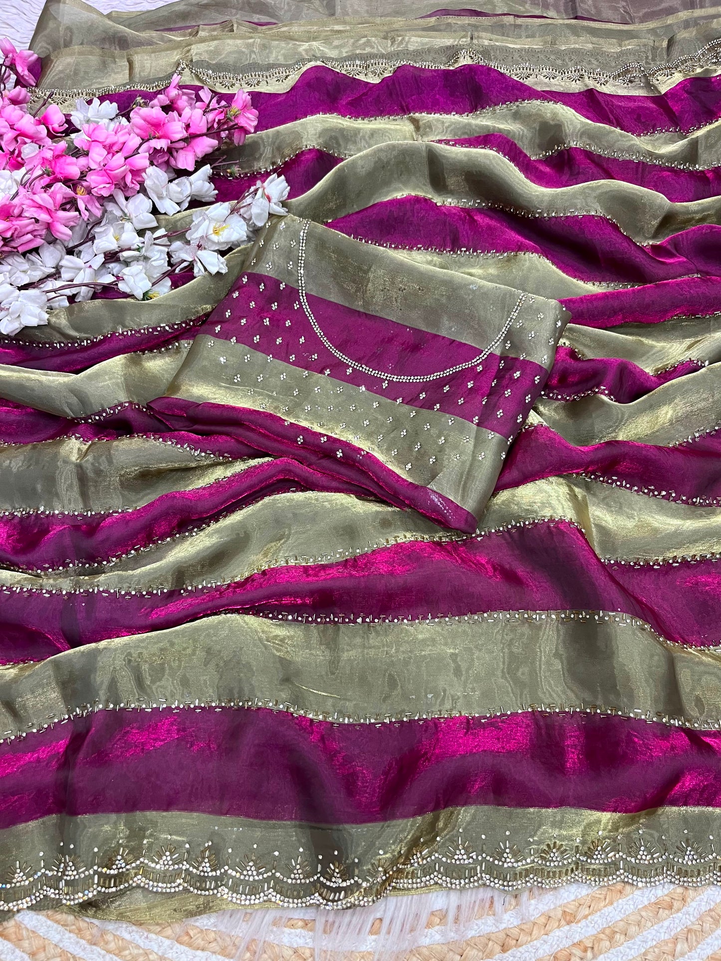 Premium Space Soft Silk Blooming Saree with Jarkan & Swarovski Work