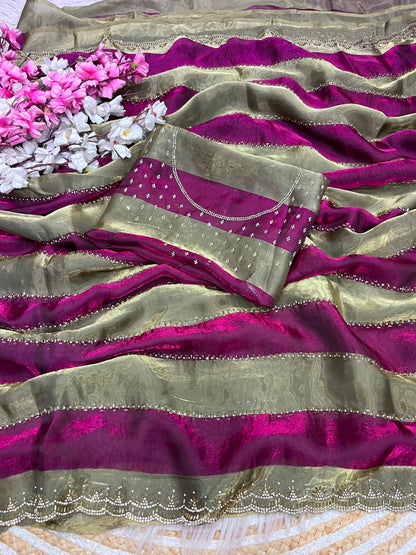 Premium Space Soft Silk Blooming Saree with Jarkan & Swarovski Work