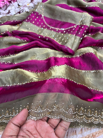 Premium Space Soft Silk Blooming Saree with Jarkan & Swarovski Work