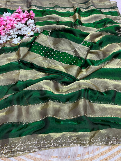 Premium Space Soft Silk Blooming Saree with Jarkan & Swarovski Work