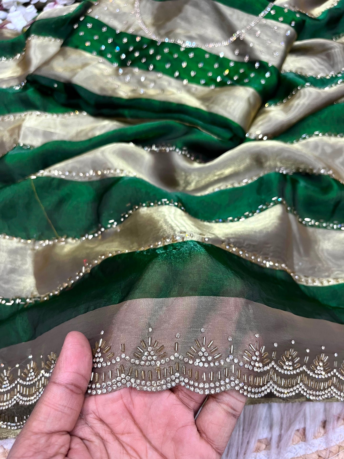 Premium Space Soft Silk Blooming Saree with Jarkan & Swarovski Work