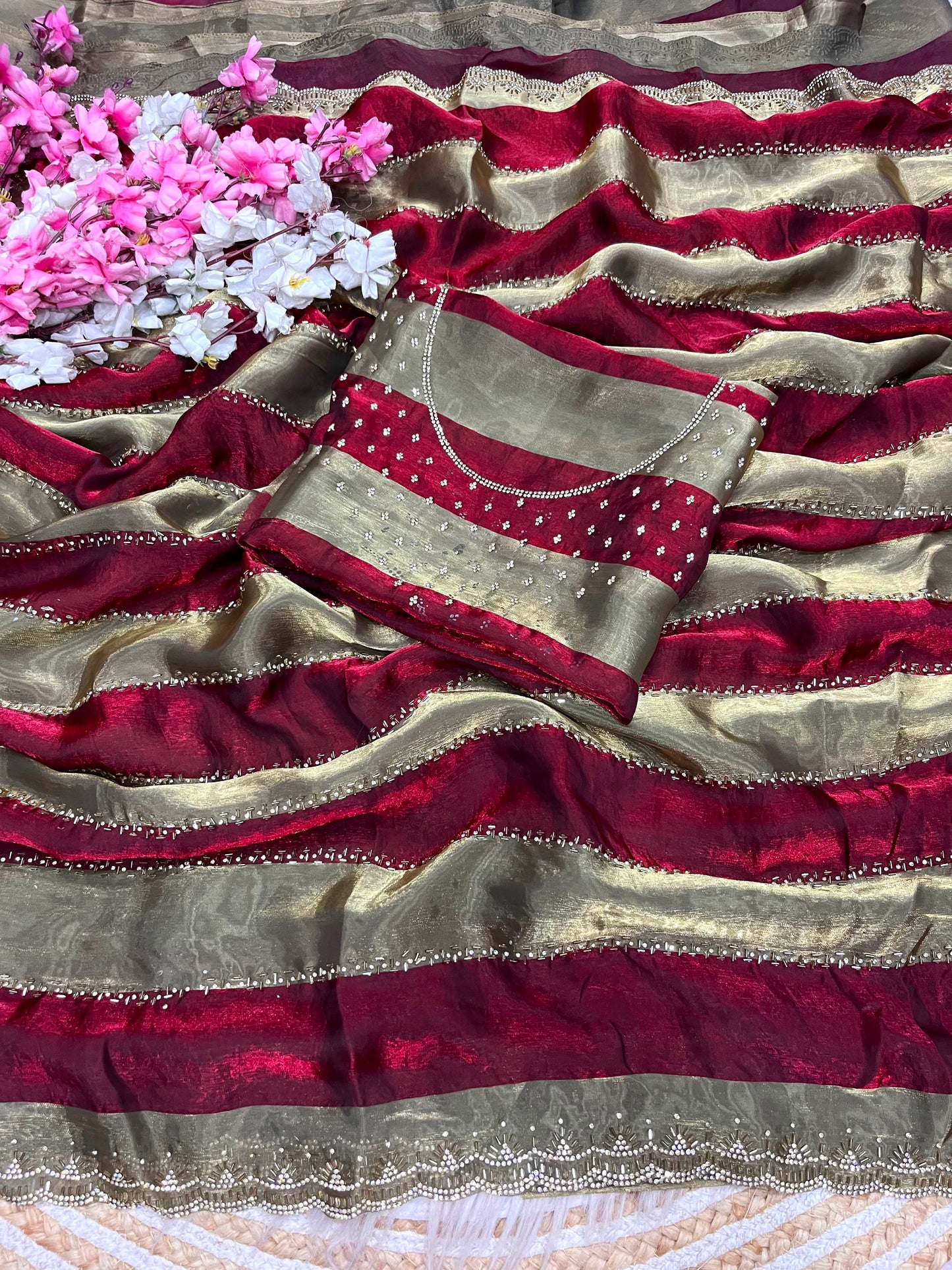 Premium Space Soft Silk Blooming Saree with Jarkan & Swarovski Work