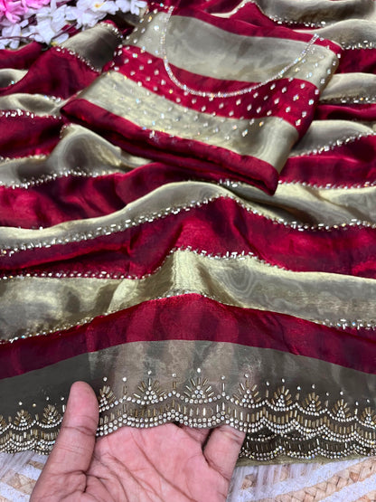 Premium Space Soft Silk Blooming Saree with Jarkan & Swarovski Work