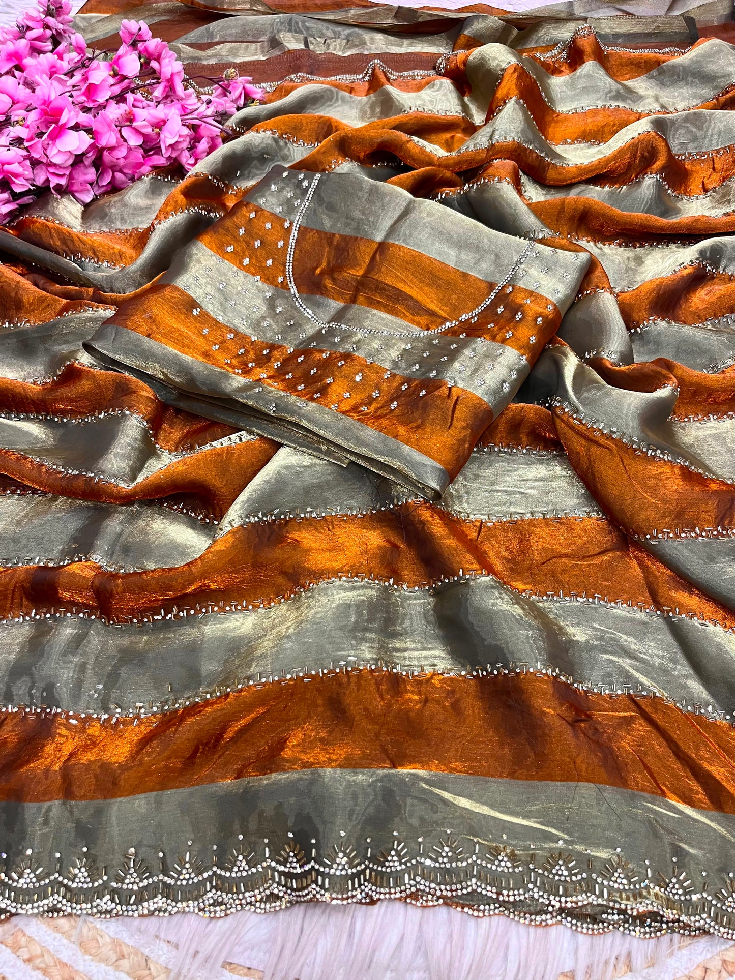 Premium Space Soft Silk Blooming Saree with Jarkan & Swarovski Work