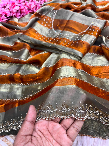 Premium Space Soft Silk Blooming Saree with Jarkan & Swarovski Work