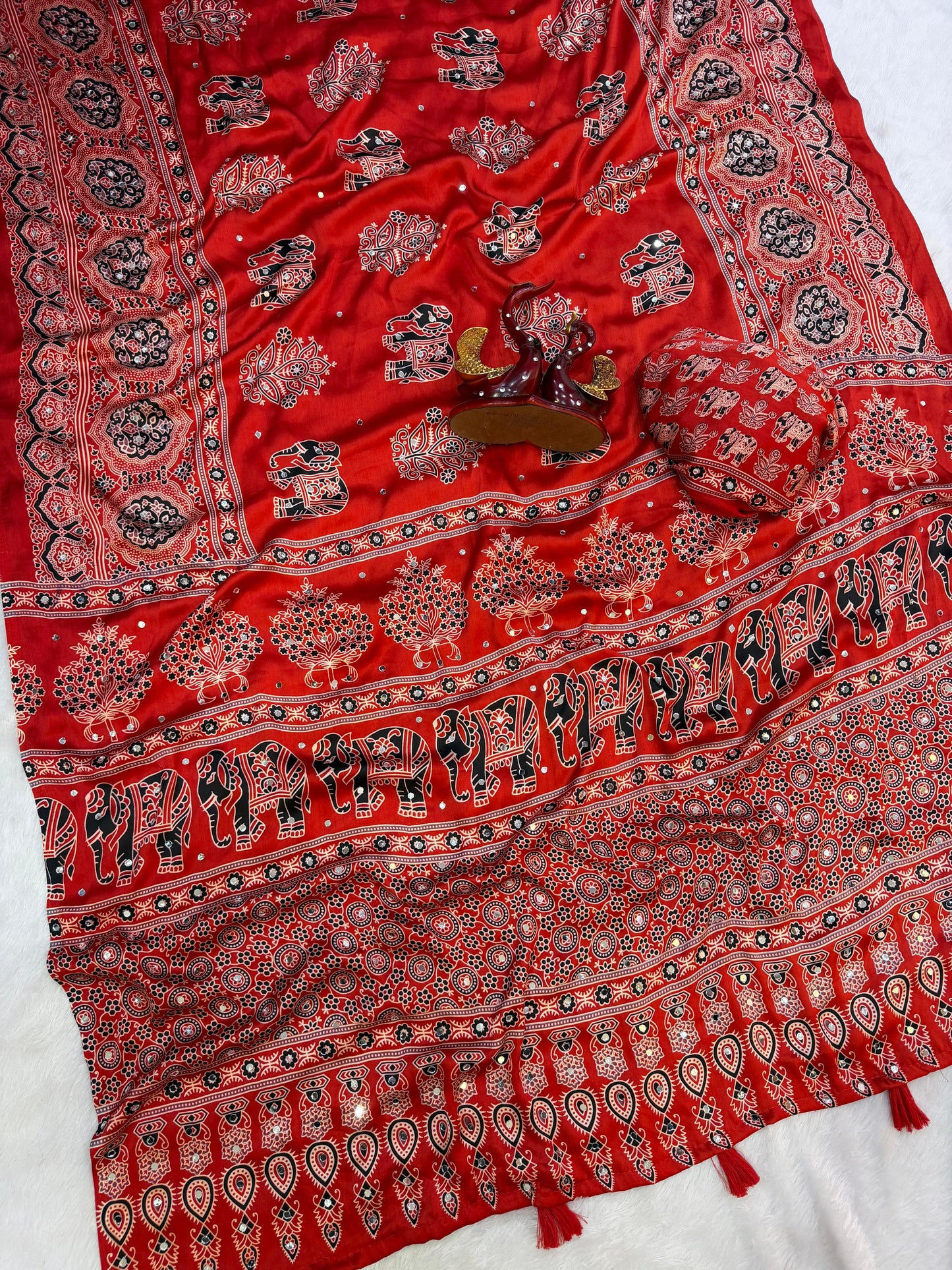 Premium Heavy Japan Satin Saree with Ajrakh Print & Real Mirror Work