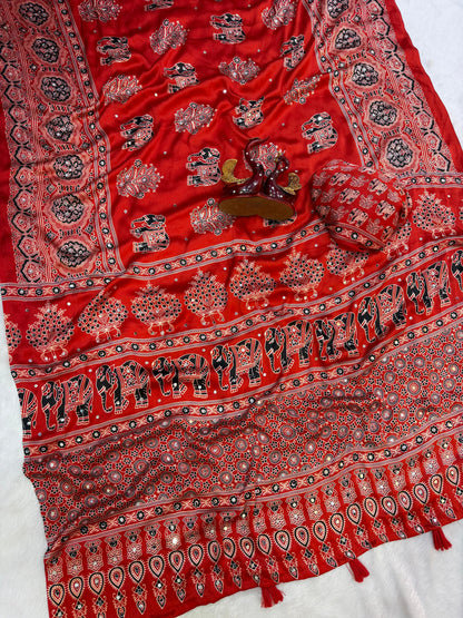 Premium Heavy Japan Satin Saree with Ajrakh Print & Real Mirror Work