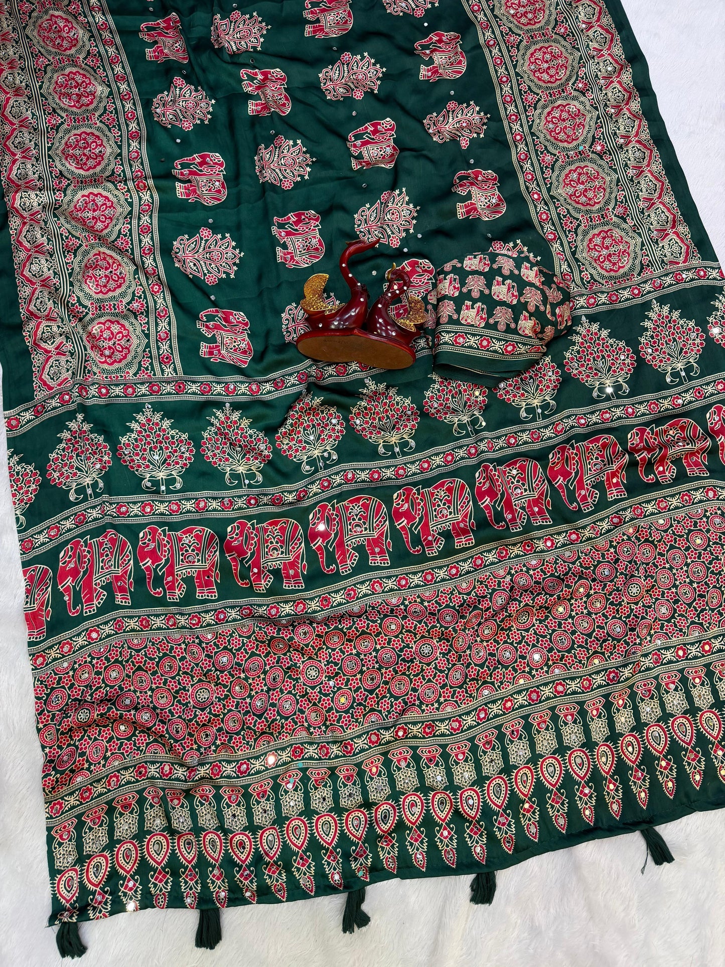 Premium Heavy Japan Satin Saree with Ajrakh Print & Real Mirror Work
