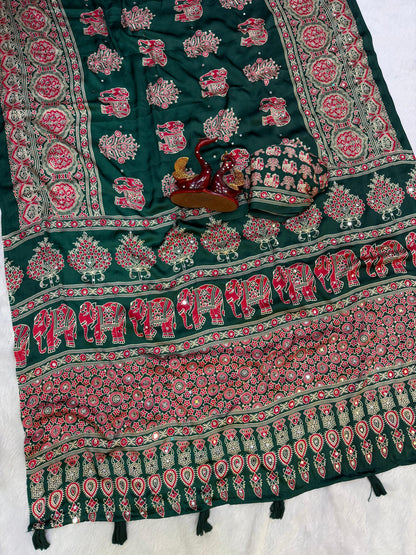 Premium Heavy Japan Satin Saree with Ajrakh Print & Real Mirror Work