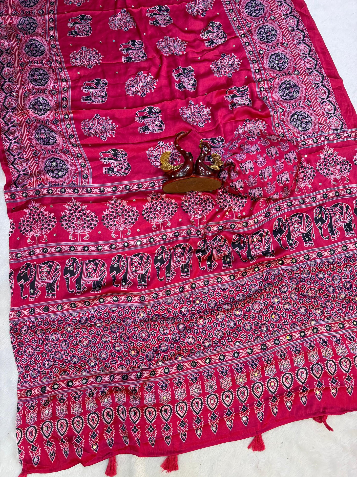 Premium Heavy Japan Satin Saree with Ajrakh Print & Real Mirror Work