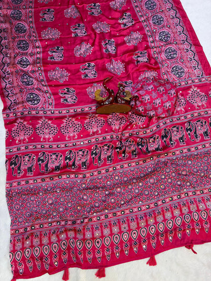 Premium Heavy Japan Satin Saree with Ajrakh Print & Real Mirror Work