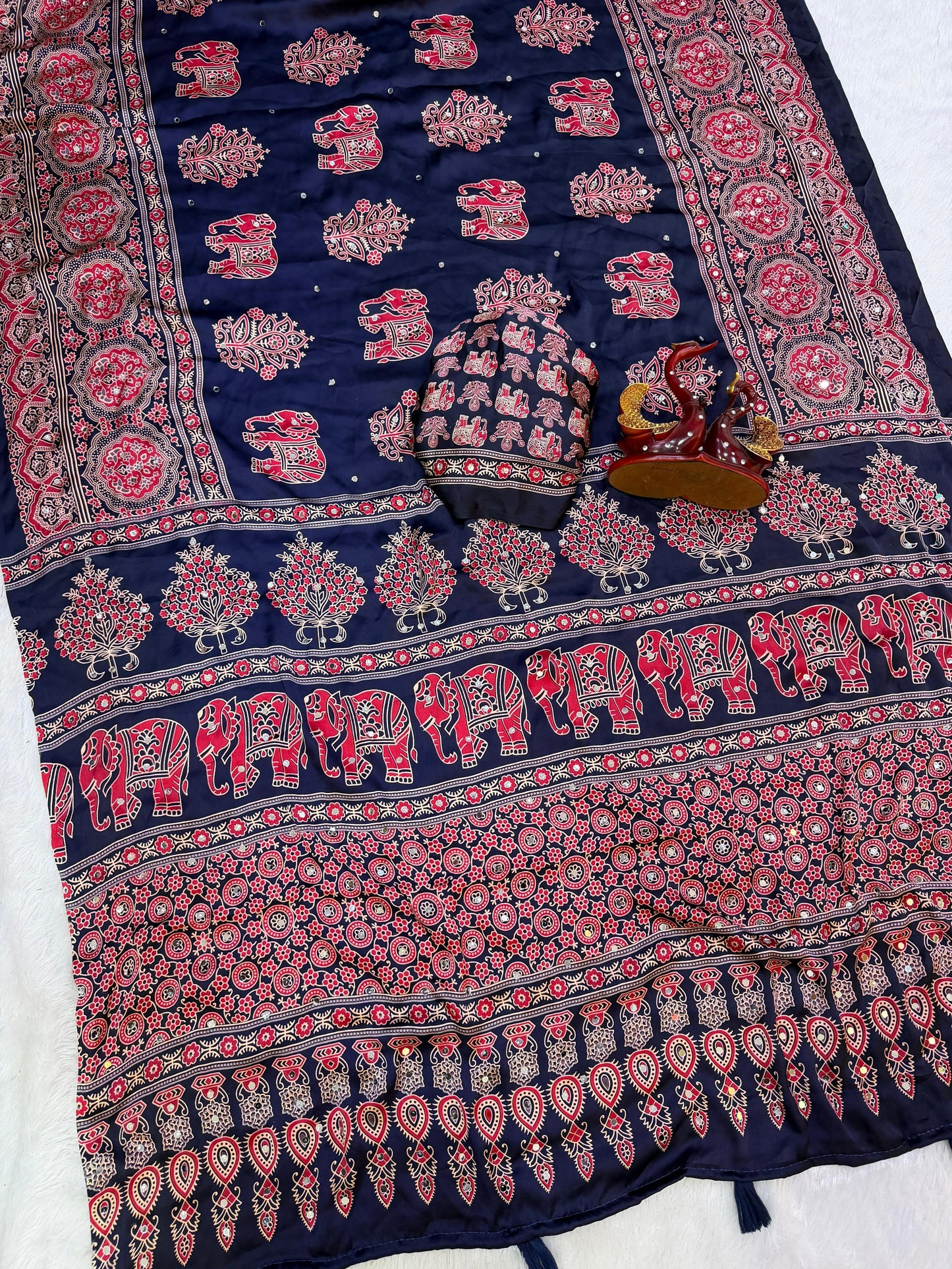 Premium Heavy Japan Satin Saree with Ajrakh Print & Real Mirror Work