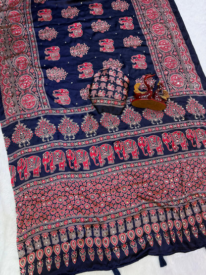 Premium Heavy Japan Satin Saree with Ajrakh Print & Real Mirror Work