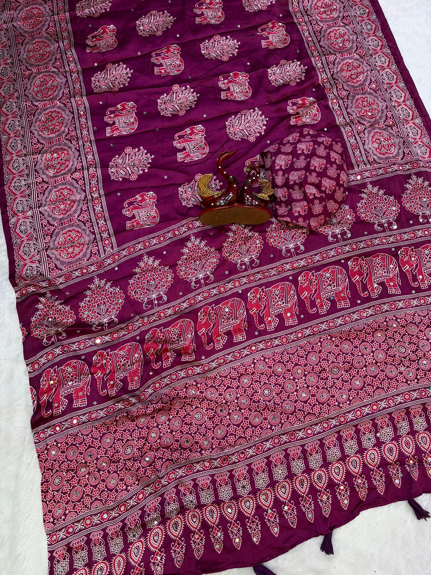 Premium Heavy Japan Satin Saree with Ajrakh Print & Real Mirror Work