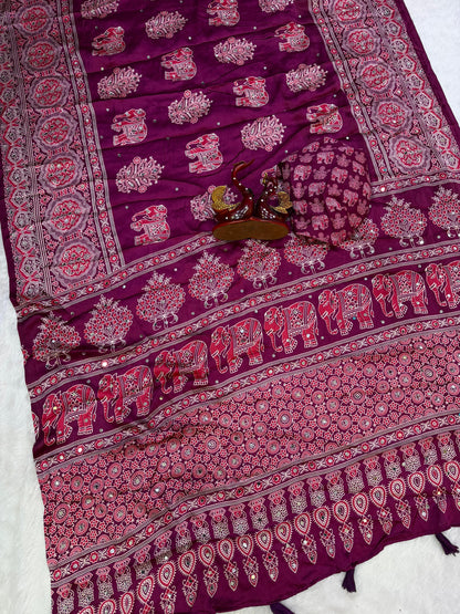Premium Heavy Japan Satin Saree with Ajrakh Print & Real Mirror Work