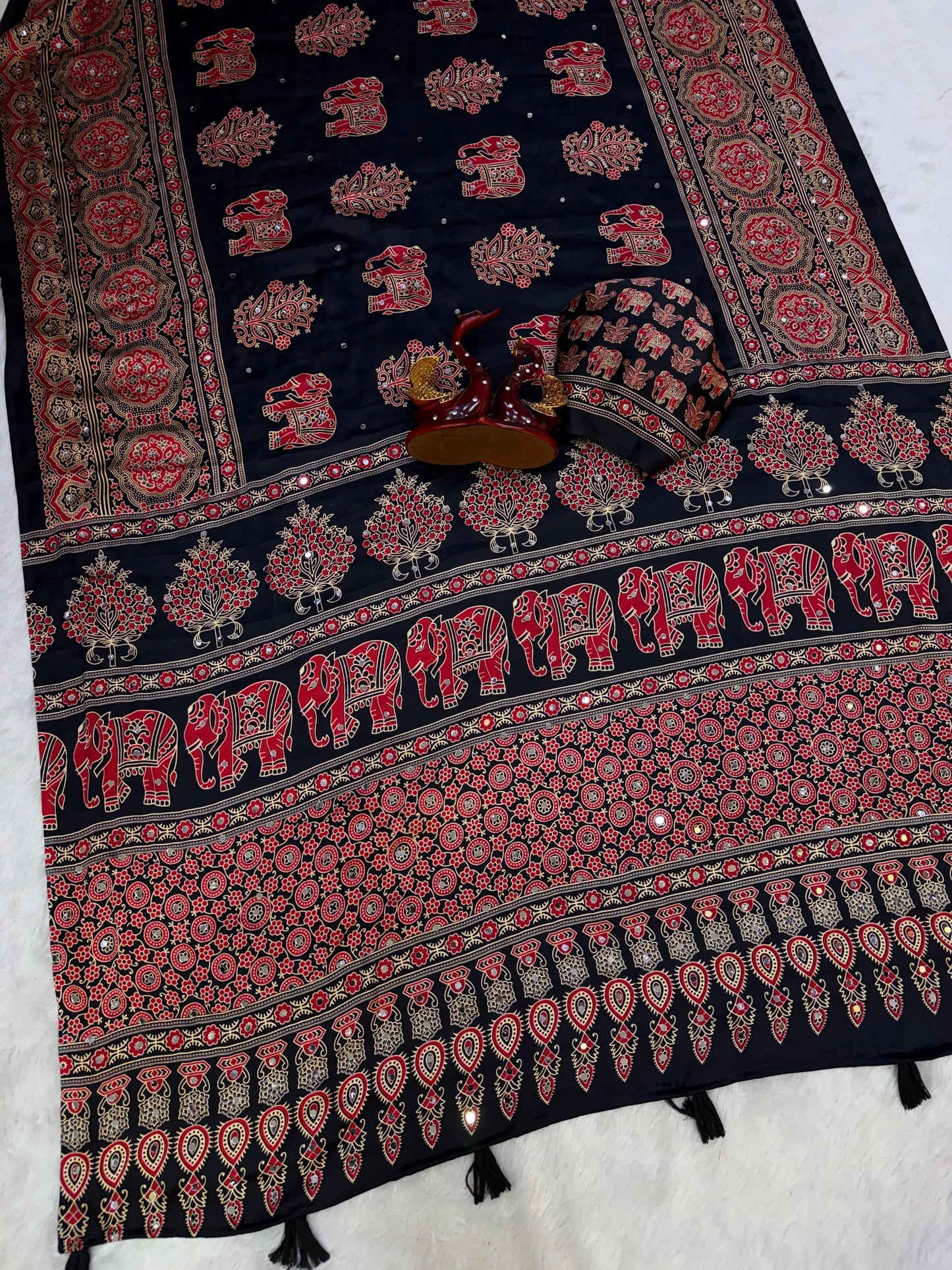 Premium Heavy Japan Satin Saree with Ajrakh Print & Real Mirror Work