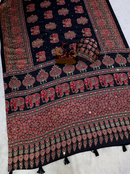 Premium Heavy Japan Satin Saree with Ajrakh Print & Real Mirror Work