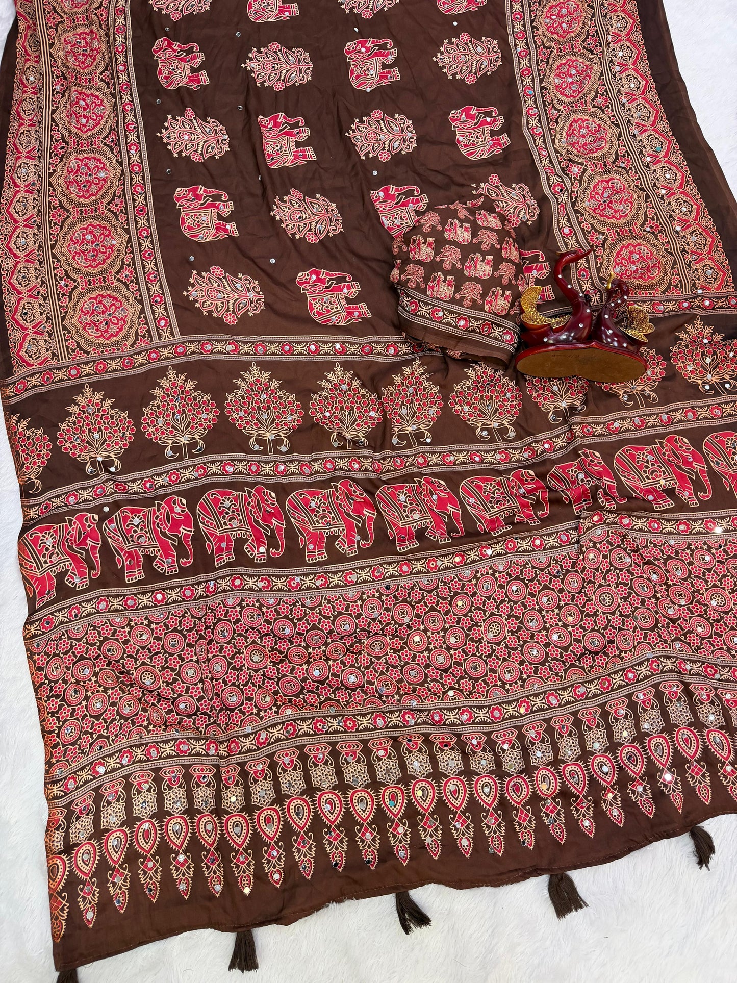Premium Heavy Japan Satin Saree with Ajrakh Print & Real Mirror Work