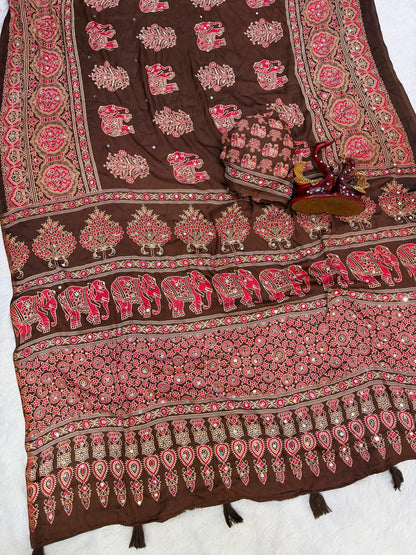 Premium Heavy Japan Satin Saree with Ajrakh Print & Real Mirror Work