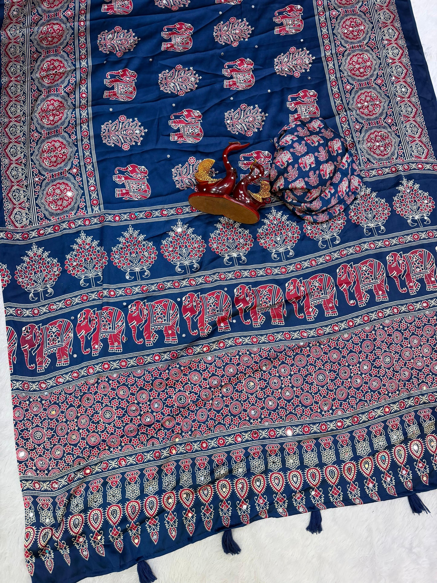 Premium Heavy Japan Satin Saree with Ajrakh Print & Real Mirror Work
