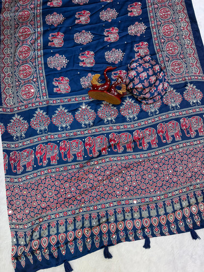 Premium Heavy Japan Satin Saree with Ajrakh Print & Real Mirror Work