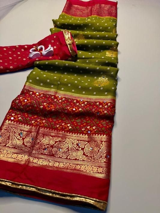 Designer Pure Moss Bandhani Saree with Stylish Jhumka Pallu