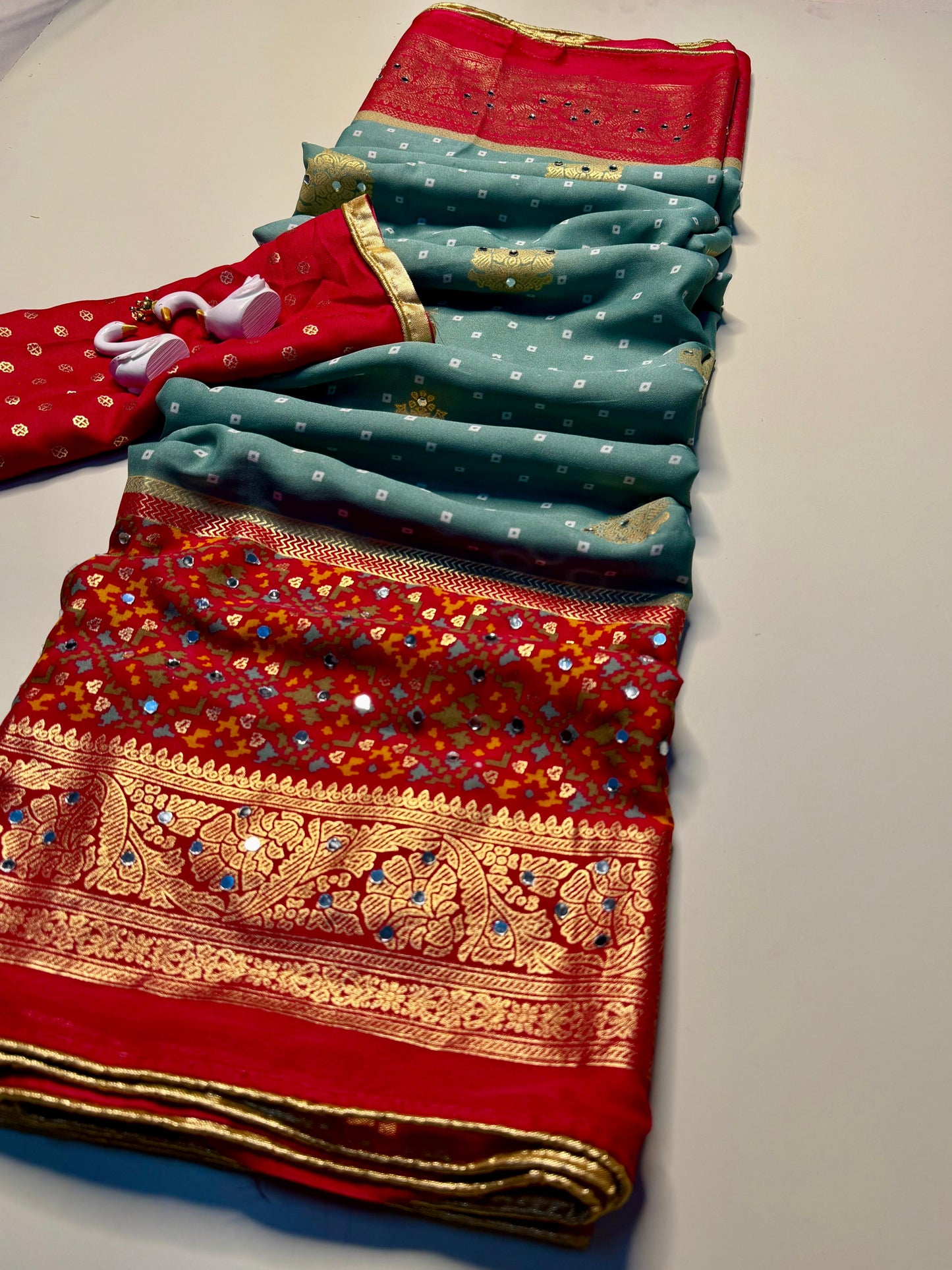 Designer Pure Moss Bandhani Saree with Stylish Jhumka Pallu