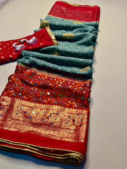 Designer Pure Moss Bandhani Saree with Stylish Jhumka Pallu