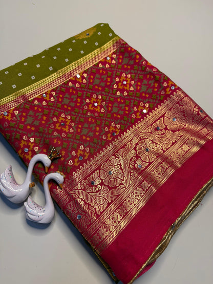 Designer Pure Moss Bandhani Saree with Stylish Jhumka Pallu