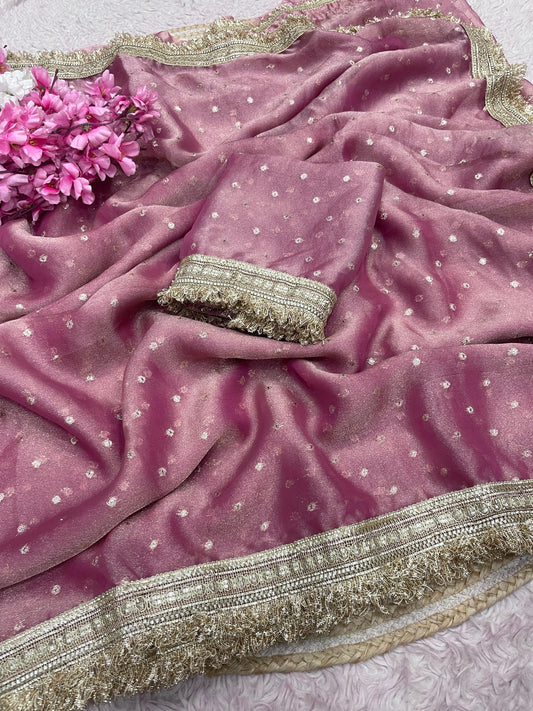 Premium NC Moss Butti Saree with Elegant Lace Border