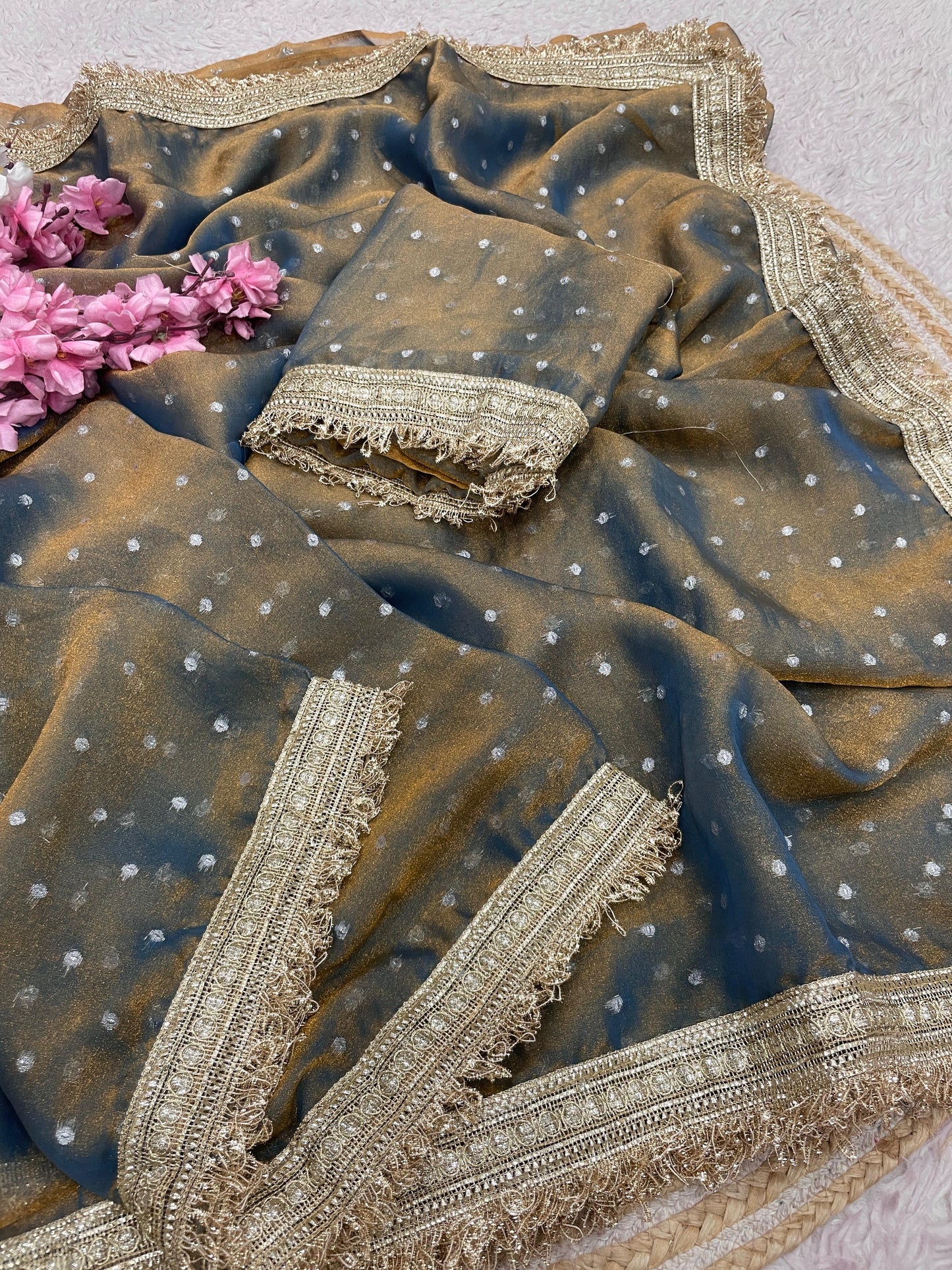 Premium NC Moss Butti Saree with Elegant Lace Border
