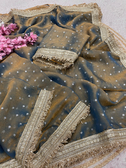 Premium NC Moss Butti Saree with Elegant Lace Border