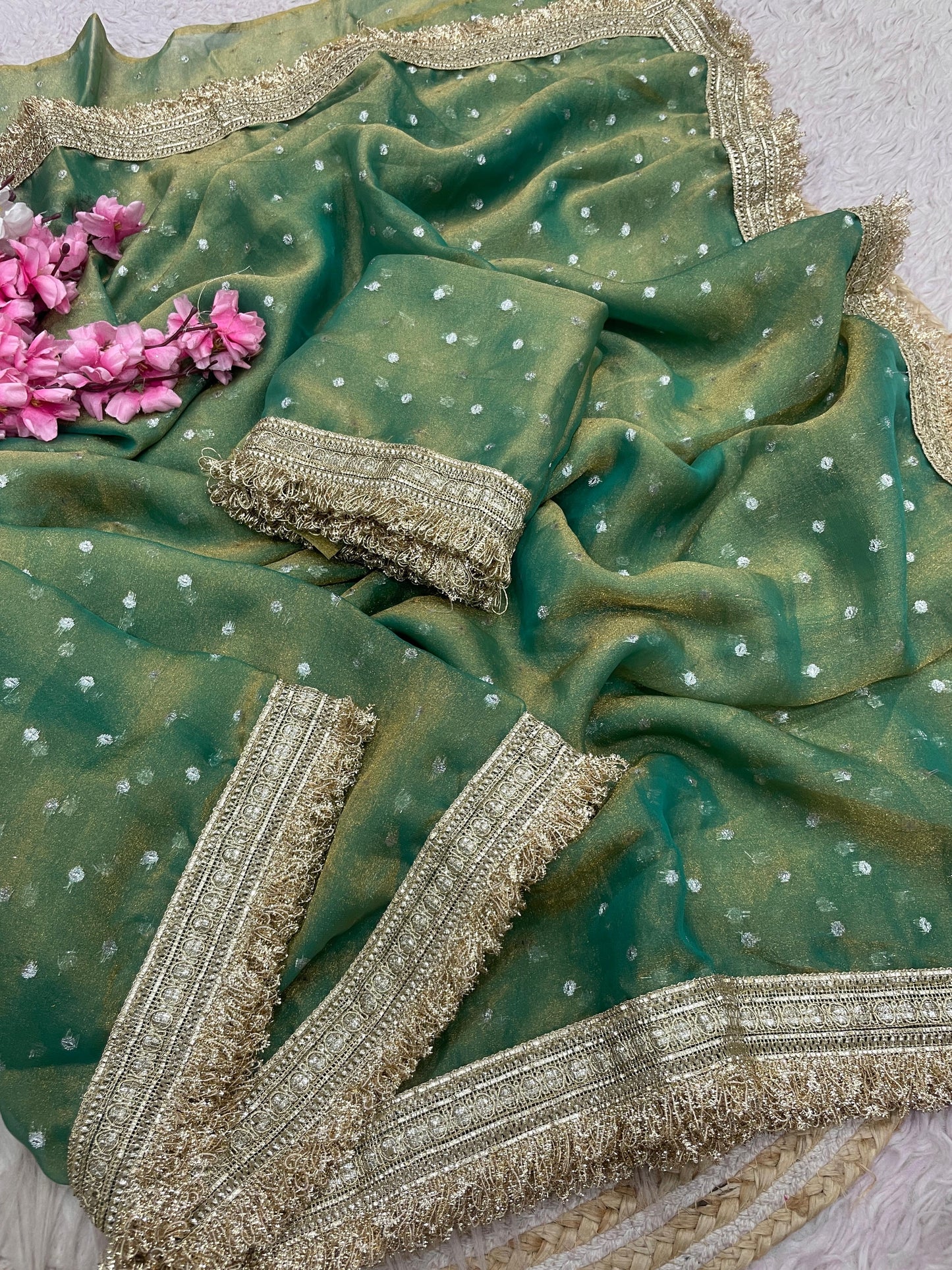 Premium NC Moss Butti Saree with Elegant Lace Border